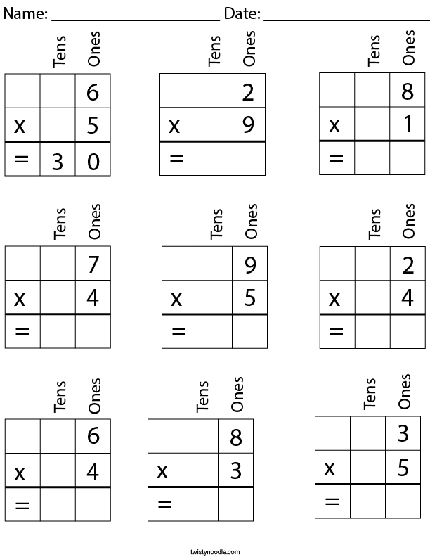 1 Digit Multiplication With Place Value Math Worksheet Twisty Noodle